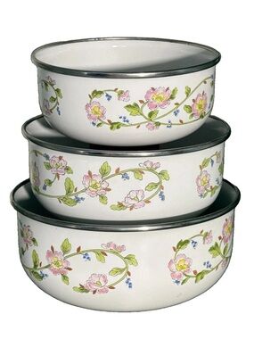 Vintage Kobe Kitchen Pink Floral Metal Enamelware Set of 3 Nesting Bowls No Lids